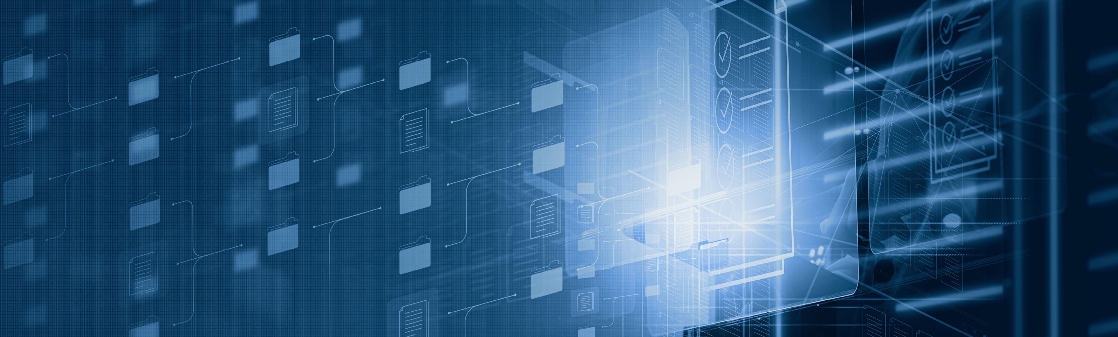 blue tonal image of eletronic pathways and digital documents